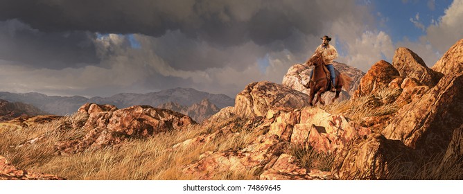 An old west scene of a cowboy riding his horse, with a rainstorm off in the distance.