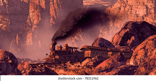 Old West Train Rolling Through A Southwest Canyon With Rock Formations Brought Out By The Morning Sun Light.