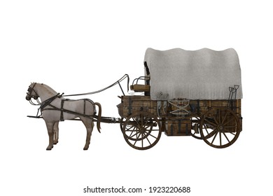 Old Western Style Covered Wagon Pulled By Two White Horses. No People. 3D Illustration Isolated On White.