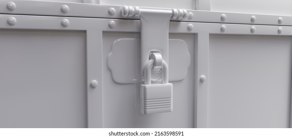 Old White Pirate Trunk Closed And Locked. Treasure Chest Padlock Close Up View. Safe Secret And Fortune, 3d Render