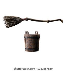 Old Wicked Witch Broom And Bucket, 3D Illustration, 3D Rendering