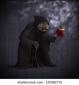 Old Wicked Witch With Poisoned Red Apple