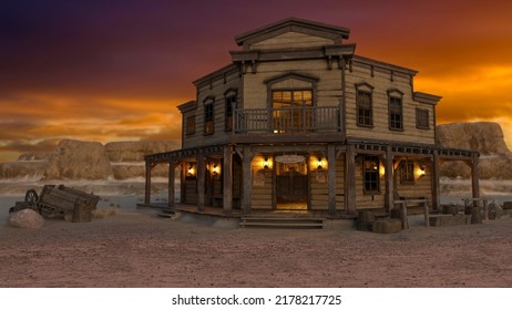 Old Wild West Saloon In A Western Desert Town At Sunset With Mountains Under Orange Sky In The Background. 3D Illustration.