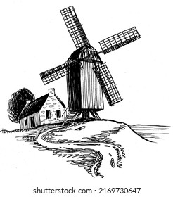 Old Windmill And Farm. Ink Black And White Drawing