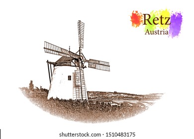 Old windmill near Retz village in Austria - Vintage travel sketch.