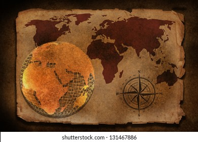 old wire world map with compass on old paper texture