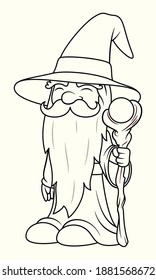 Old Wizard Cartoon Illustration With Long Beard, Robe And Hat, Holding A Staff With Orb. Mage Character Design Or Concept Of Fantasy Person. Happy Face. Line Art Illustration For Coloring Book Page.