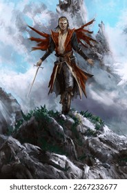 An old wizard in a red cloak, gold jewelry and a crown holds a long sword in his hand. he is standing on top of a mountain, clouds are flying behind him. he is a legendary warrior of good. 2d art