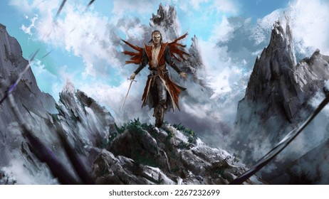 An old wizard in a red cloak, gold jewelry and a crown holds a long sword in his hand. he is standing on top of a mountain, clouds are flying behind him. he is a legendary warrior of good. 2d art