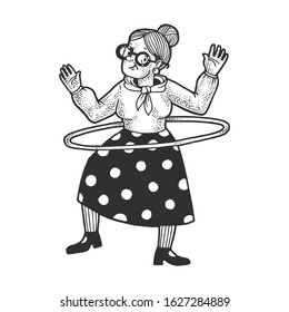 Old Woman Grandmother With Hula Hoop Sketch Engraving Raster Illustration. T-shirt Apparel Print Design. Scratch Board Imitation. Black And White Hand Drawn Image.