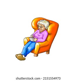 An old woman or grandmother sits in a comfortable orange armchair and reads something or writes a letter. She looks relaxed through her glasses and smiles. - Powered by Shutterstock