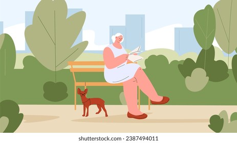 Old woman relax in green park with dog. Female character sitting on bench read newspaper, outdoor time scene - Powered by Shutterstock