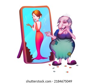 The Old Woman Saw herself was a sex Young Lady in the Mirror after Taking the Pill. Comic Concept Art. Book Illustration Clipart. Video Game Scene Object. Serious Digital Painting. CG Artwork.