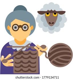 Old women with knitting work in a hands and head of sheep on background  - Powered by Shutterstock