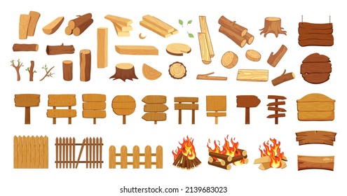 Old Wood Collection. Timber, Logs Pine Tree Elements. Isolated Wooden Signs, Blanks And Street Road Sign. Cartoon Boards Planks, Village Fence And Camp Fire Set