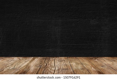 Old Wood Table Top And Dark Wall Background 