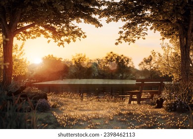 An old wooden bench The lakeside is calm on an autumn evening, the atmosphere glowing orange from the setting sun. Surrounded by beautiful nature 3d render - Powered by Shutterstock