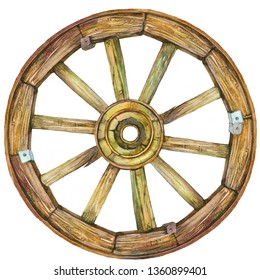 Old wooden cartwheel on a white background. Realistic watercolor illustration.