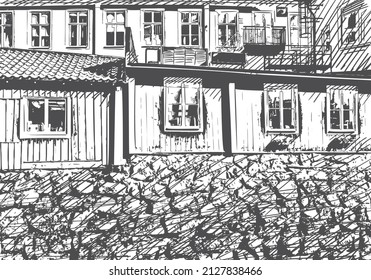 Old wooden house wall and many windows stone foundation drawing  Architectural detail sketch background  Hand drawn illustration grey ink