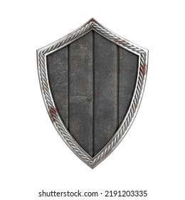 Old Wooden Medieval Viking Warrior Shield With Metal Frame On A White Background. 3d Rendering