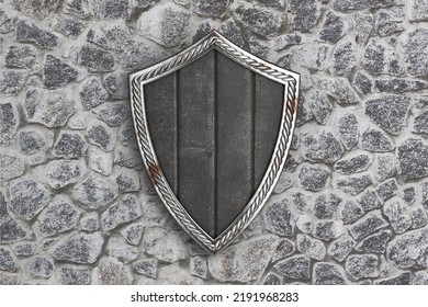 Old Wooden Medieval Viking Warrior Shield With Metal Frame On A Stone Wall Background. 3d Rendering