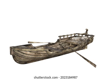 Old Wooden Rowing Boat With Oars. 3D Illustration Isolated On A White Background.