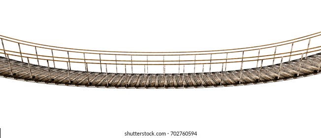 Old Wooden Suspended Bridge Isolated On White Background. 3D Illustration.