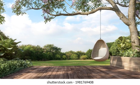 Old wooden terrace and wicker swing hang the tree and blurry nature background 3d render 