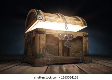 Old Wooden Treasure Chest Box With  Glow From Inside. 3d Illustration