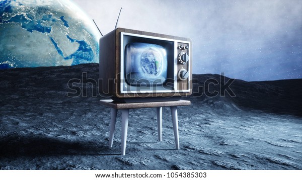 old wooden vintage TV on the\
moon. Earth background. Space concept. Broadcast. 3d\
rendering.