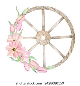 Old wooden wheel with pink tulip flowers. Hand painted spring floral bouquet. Watercolor illustration for greeting cards, rustic wedding invitations, decorations - Powered by Shutterstock