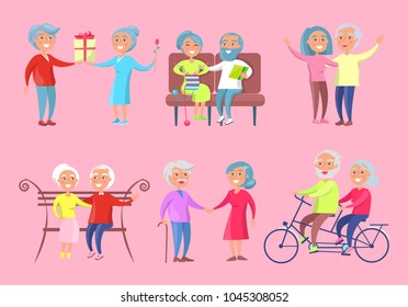 Older people isolated  illustration on pink background. Couples enjoying their time together inside and outside. Husbands and wives having fun - Powered by Shutterstock