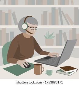 Older Person In Headphones With A Microphone Is Working On A Laptop. There Are Mugs And Books On The Table. Drawing In A Flat Style.