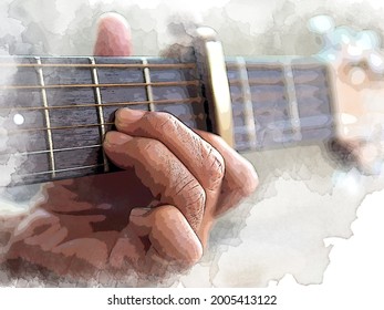 Older woman musician hand holds the neck of classic wooden guitar play Am chord. Abstract painting guitarist put fingers on fingerboard playing A Minor chord song. String musical instrument background