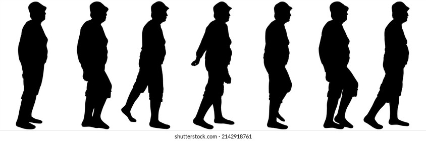 An Older Woman In Shorts, A Sweater, And A Camping Cap With A Short Haircut. Hiking. A Series Of Images For Motion Animation. Seven Black Female Silhouettes Are Isolated On A White Background.