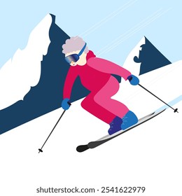 Older woman skiing. Elderly female winter activity. Old lady healthy lifestyle. Retired granny moving. Sport pensioner leisure. Mountain landscape. Senior Representation - Powered by Shutterstock