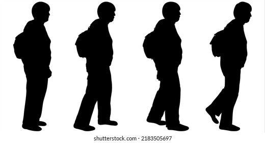 An Older Woman In A Tracksuit And With A Backpack On Her Back. Women Go In A Row, One After Another. Hiking. Entertainment For Older People. Four Black Female Silhouettes Isolated On White Background