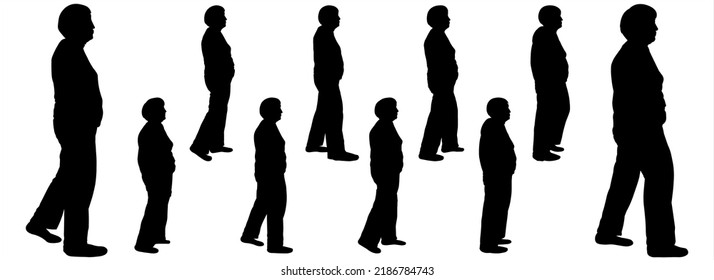 An Older Woman Is Walking. Women Go In A Row, One After Another. The Character Is Suitable For Motion Animation. Sports And The Elderly. Side View, Profile. Black Female Silhouettes Isolated On White