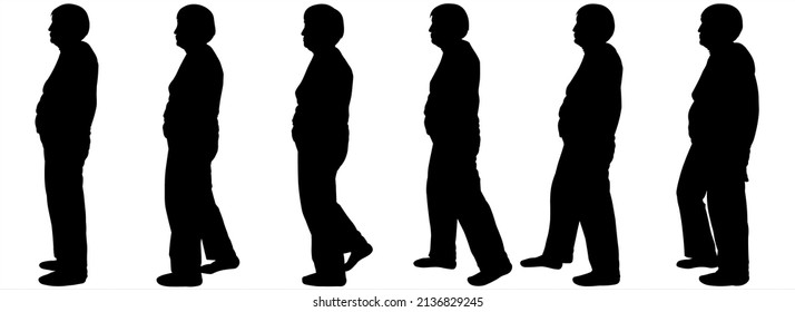 An Older Woman Is Walking. Women Walk One After Another In One Line. Six Human Positions For Gradual Motion Animation. Walking Man Silhouette. Side View. Black Silhouette Isolated On White Background.