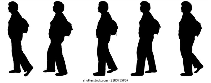 An Older Woman Walks With A Backpack On Her Back. Hiking. Retired People And Sport. Women Go In One Line, One After Another. Side View, Profile. Five Black Female Silhouettes Isolated On White 