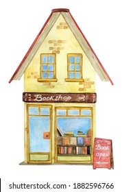 Oldest Bookshop. Cute Bookstore Exterior. Hand Drawn Stock Illustration By Watercolor. Isolated On The White Background. 