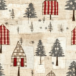 Old-Fashioned Christmas Tree With Primitive Hand Sewing Fabric Effect. Cozy Nostalgic Homespun Winter Hand Made Crafts Style Seamless Pattern.