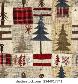 Old-Fashioned christmas tree with primitive hand sewing fabric effect. Cozy nostalgic homespun winter hand made crafts style seamless pattern.