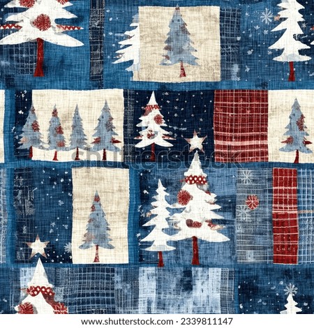 Old-Fashioned christmas tree with primitive hand sewing fabric effect. Cozy nostalgic homespun winter hand made crafts style seamless pattern.