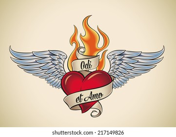 Old  school styled tattoo flaming heart and blue wings  The motto Odi et Amo means I hate   I love in Latin  Raster illustration 