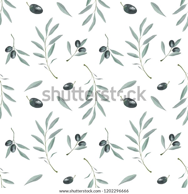 Olive Branches Leaves Seamless Pattern Hand Stock Illustration 1202296666