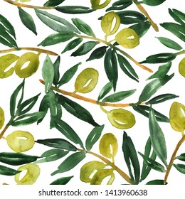 Olive Brunches. Seamless Watercolor Pattern