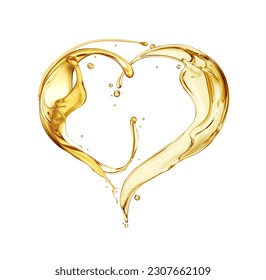 El aceite de oliva o del motor se salpicará en forma de corazón aislado sobre fondo blanco
