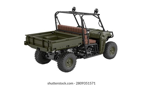 Olive green utility task vehicle with cargo bed and roll cage