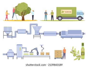 Olive Harvesting And Factory Food Oil Production Process. Flat Agriculture Vegetable Oils Manufacture, Extraction And Bottling  Set. Production Industry Oil Olive Illustration